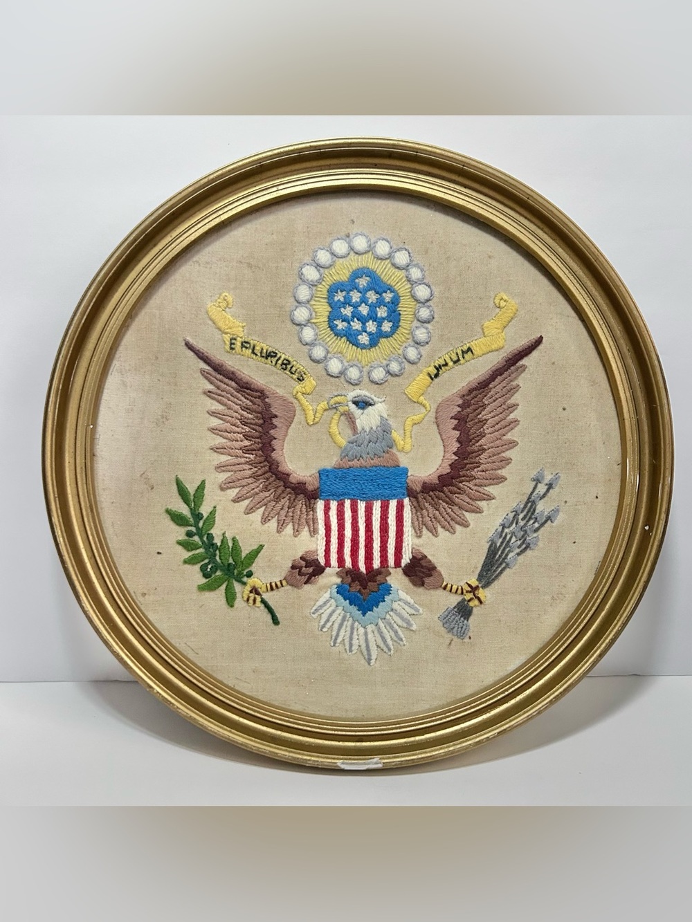 Crewel Style Needlepoint of Presidential Seal E Plurbus Unum Eagle Federal